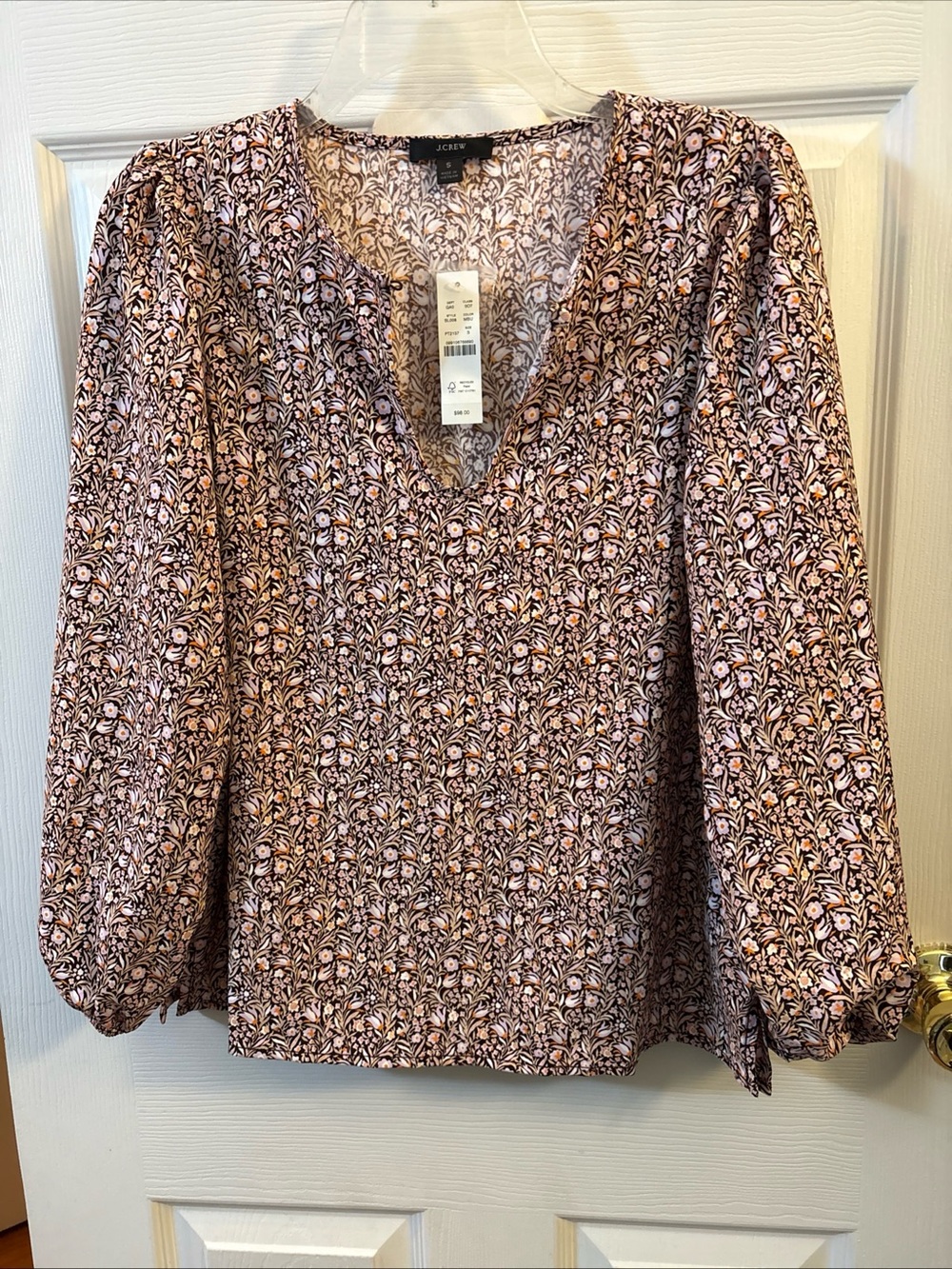 J. Crew Pink and Black Floral V-Neck Long-Sleeve Blouse